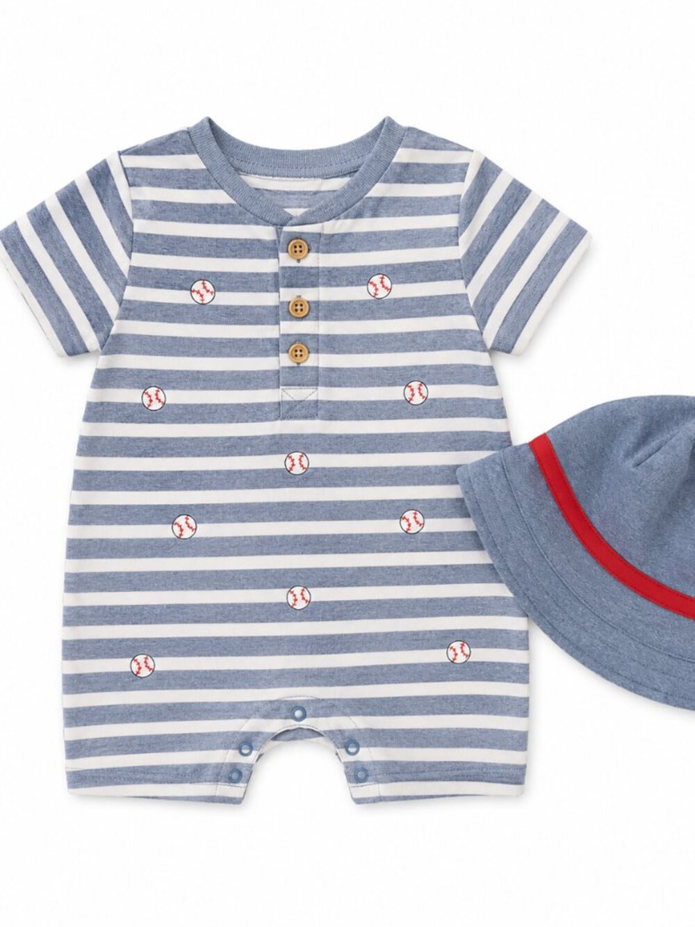 NWT Little Me Baseball Romper & Matching Hat Set Size 6 Months Baby Boy Blue